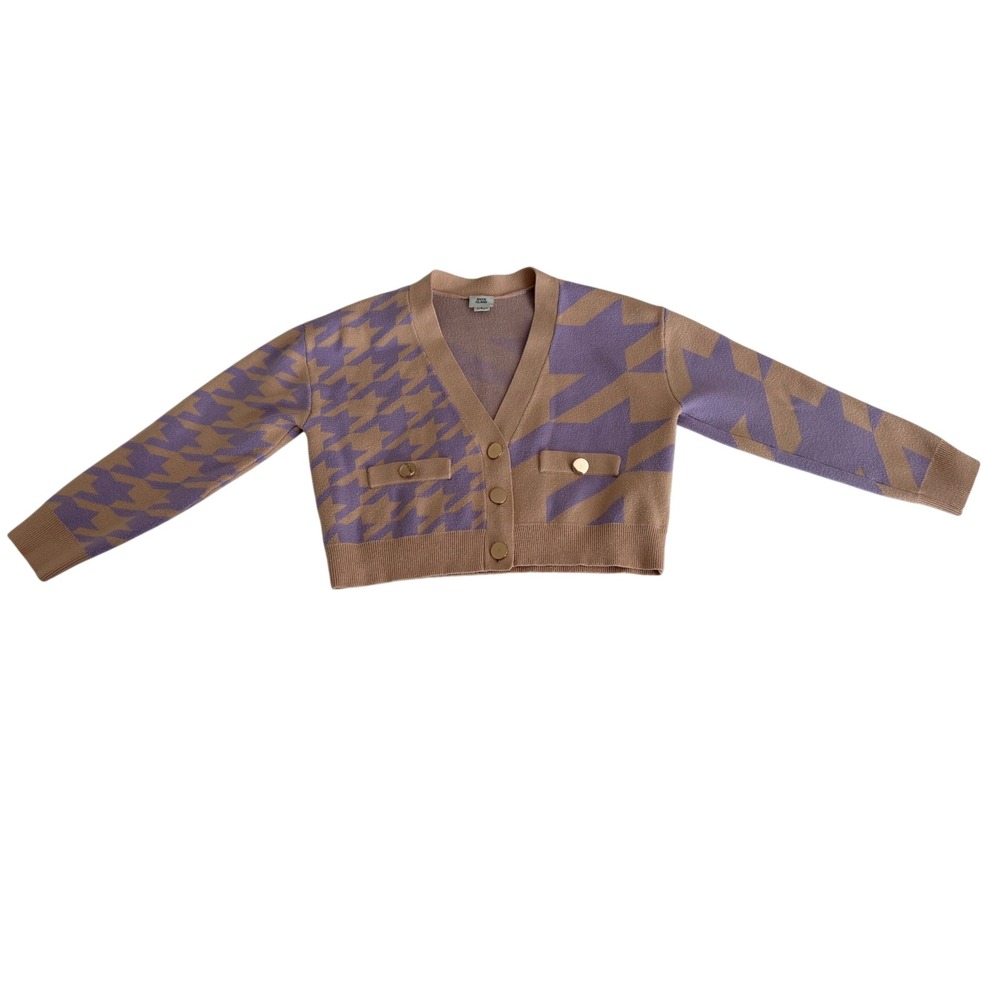 River Island Girls Purple Tan Houndstooth Star Knit Cardigan Sweater Size 7/8Y